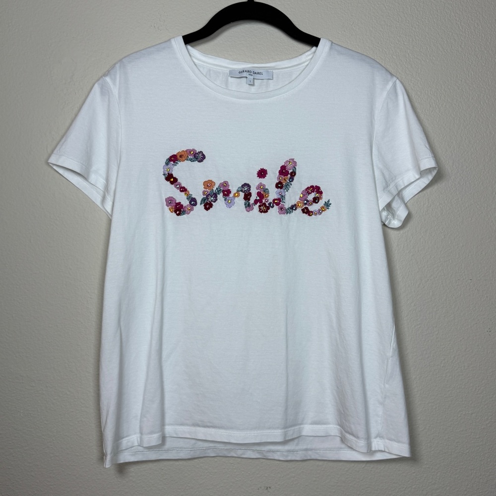 Gerard Darel Paris White Tee with Floral 'Smile' Design Size Small